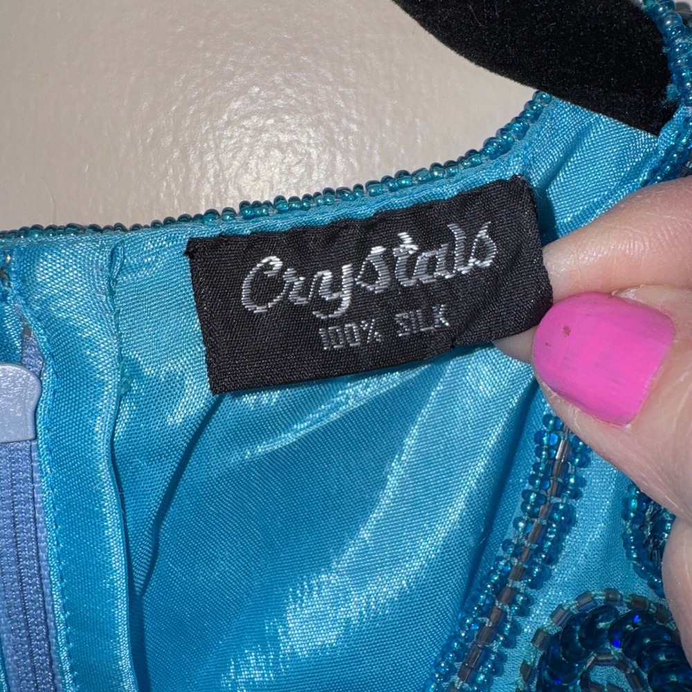 Crystals‎ Women Blouse Size L Turquoise Beaded Sequin Scalloped Hem Mermaidcore - Picture 9 of 13